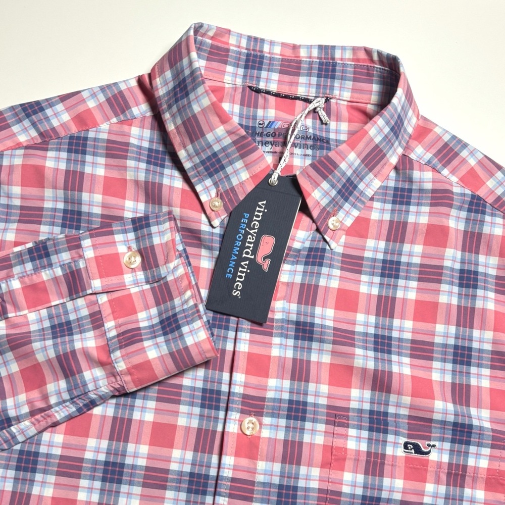 Vineyard Vines On The Go Performance Shirt Men M Plaid Pink Blue Button Down New